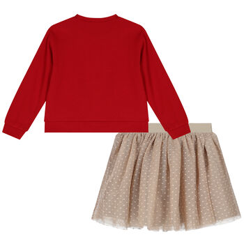 Girls Red & Beige Tulle Skirt Set